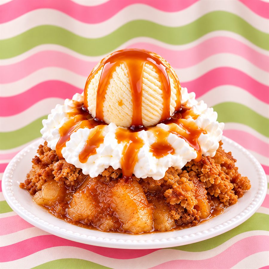 Apple crisp topped with whipped cream and ice cream with caramel drizzle