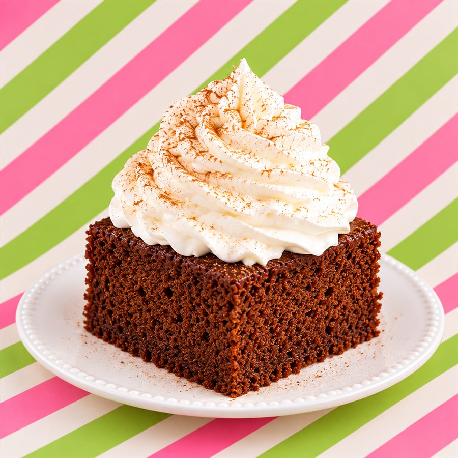 Square of gingerbread cake piled high with whipped cream
